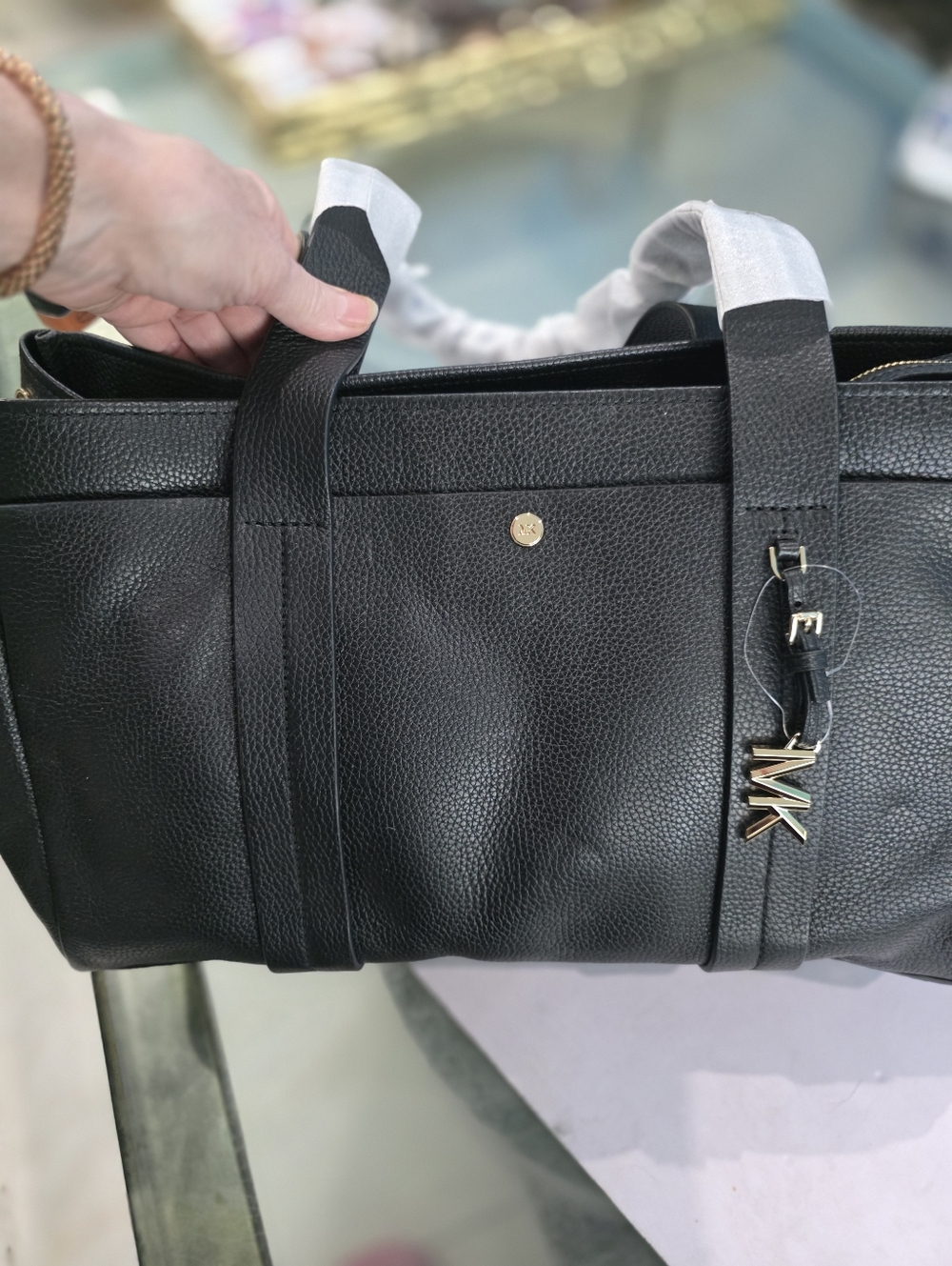 Michael Kors Black Pebbled Leather Tote with Gold MK Charm